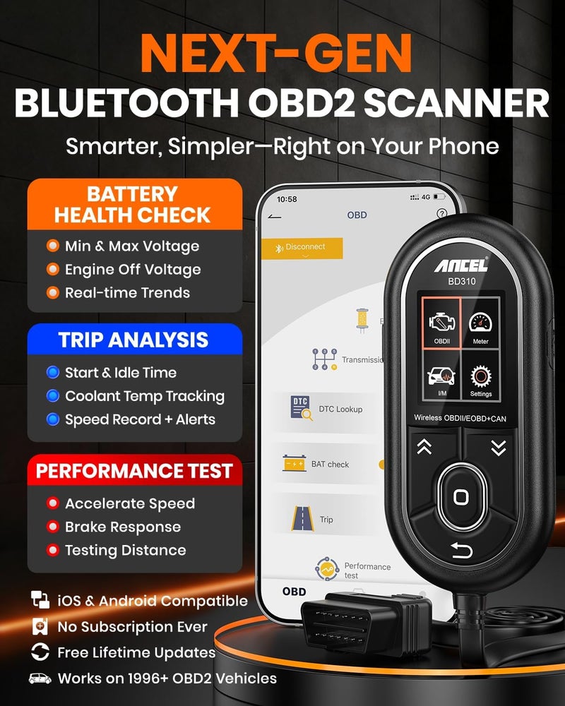 Ancel BD310 OBD2 Scanner & Engine Code Reader - Advanced Battery Test, Trip Analysis, Performance Test, Bluetooth Diagnostic Tool for Android & iPhone - Works for All 1996+ Vehicles - Image 3